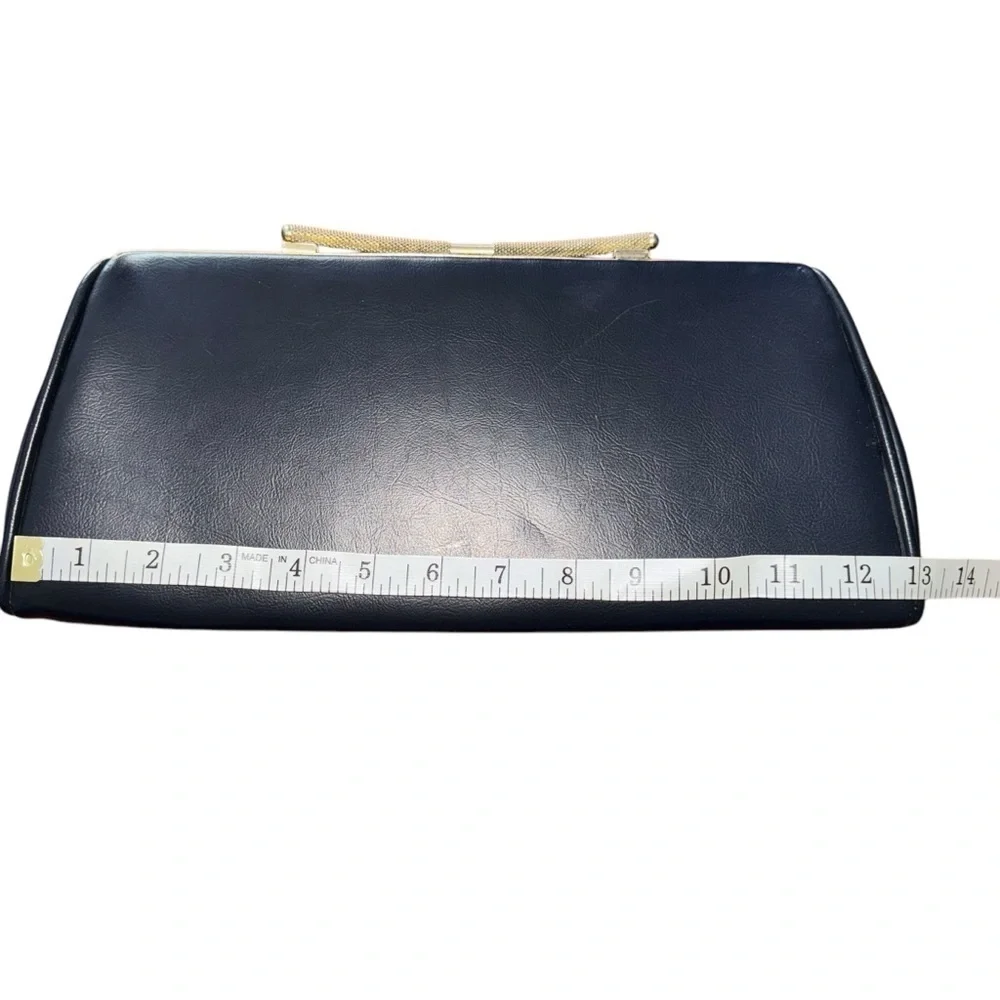 Vintage 50’s-60’s Navy Blue Trapezoid Dorris Day Clutch With Gold Hardware